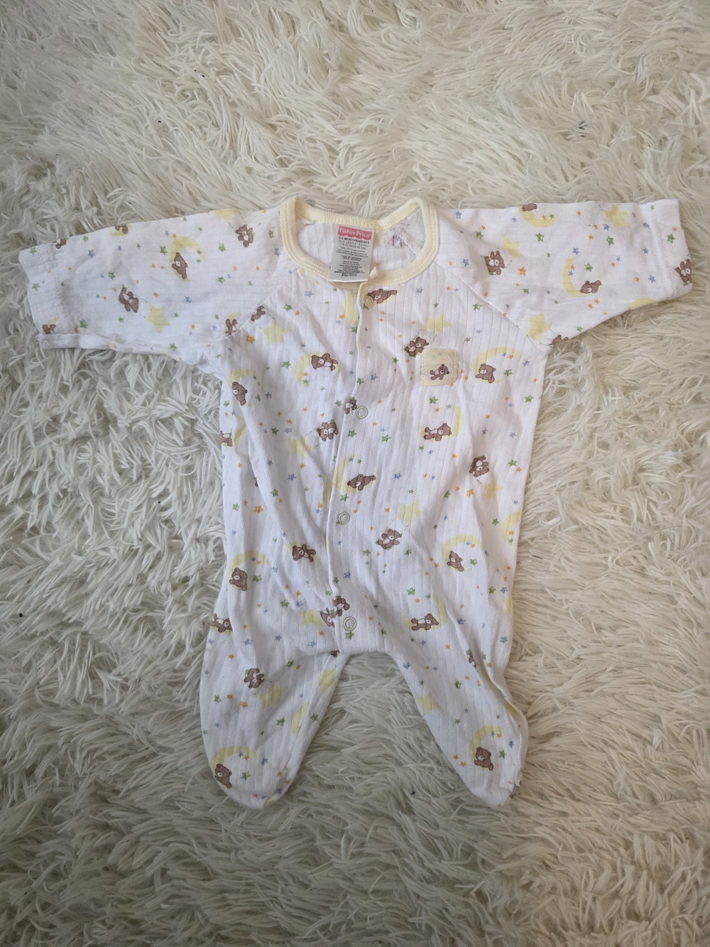 Fisher-Price White Footed One-Piece with Brown Bear and Yellow Stars